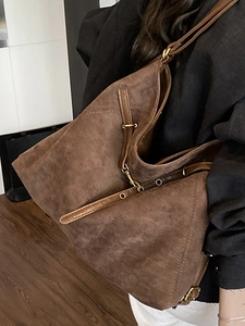 Retro large brown suede tote bag for women with vintage metal buckle and leather strap