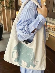 Japanese style cream canvas tote bag with blue elephant print for daily commuting