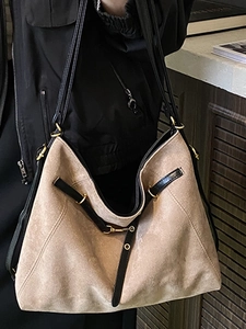 Retro khaki suede large tote bag with black leather straps and gold buckle detail