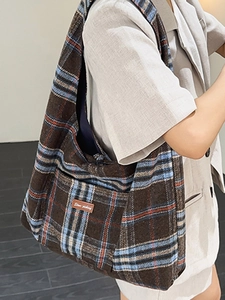 Japanese style large capacity plaid canvas tote bag for women with leather tag detail