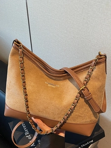 Vintage Suede Patchwork Shoulder Bag For Women Fashion Colorblock Hobo Underarm Bag With Metal Chain Daily Commuting Bag