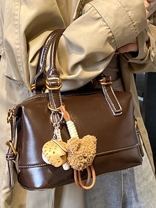 Retro deep brown oil wax leather Boston pillow bag with cute owl pendant and shoulder strap