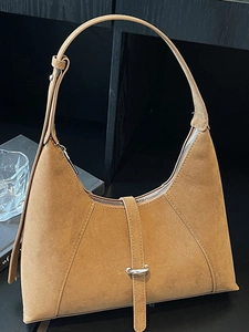Women Vintage Suede Crescent Underarm Hobo Bag Solid Color Litchi Texture Commute Shoulder Bag With Metal Ring Buckle Handbag