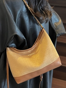 Vintage two-tone shoulder bag in brown suede and smooth leather for women fashion