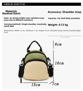 Size chart showing mini nylon crossbody bag dimensions 15cm x 16cm in olive and beige