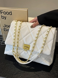 Women Minimalist Quilted Rhombic Shoulder Bag PU Leather Crossbody Bag With Golden Chain Strap Square Lock Daily Satchel