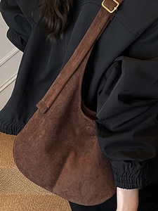 Large vintage dark brown faux suede tote bag with wide shoulder strap for women