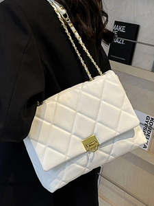 Chic white quilted crossbody bag with gold chain strap and metal lock for women