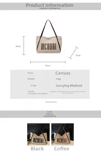 Spécifications de taille du sac cabas en toile montrant les dimensions et deux coloris