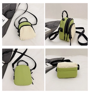 Detail view of mini nylon crossbody bag in green and white from multiple angles