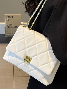Chic white quilted chain shoulder bag with gold square buckle for modern women