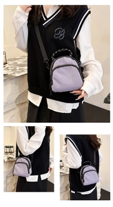Mini purple nylon crossbody bag shown in various angles worn by a fashion model