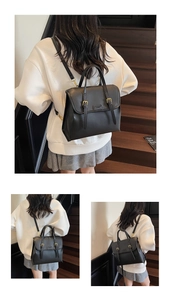 Detail of black leather tote showing golden buckles and versatile backpack straps
