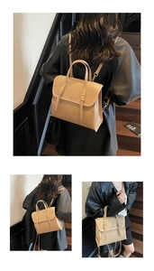 Close-up of khaki PU leather bag showing buckle straps and versatile dual-use design