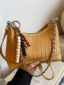 Women Woven Shoulder Bag Retro PU Leather Hobo Bag Large Capacity Chain Minimalist Crossbody Bag With Bead Charm
