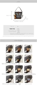 Detailed chart showing PU leather bucket bag dimensions and various color options