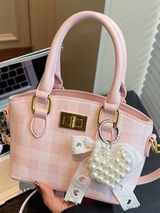 Korean Plaid Shoulder Bag For Women Sweet PU Leather Crossbody Bag With Artificial Pearl Heart Lace Bow Retro Square Small Handbag