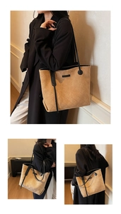 Detail view of khaki quilted suede tote bag featuring black leather straps and brand logo