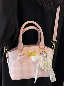 Pink checkered crossbody bag with lace bow and pearl heart charm in sweet Korean style