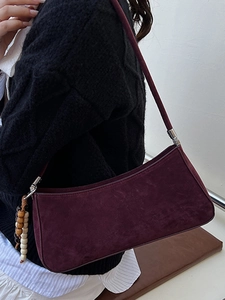 Vintage burgundy suede baguette shoulder bag with beaded charm for women's office commute