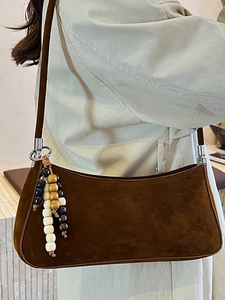 Retro dark brown suede underarm shoulder bag with beaded fringe tassel for women