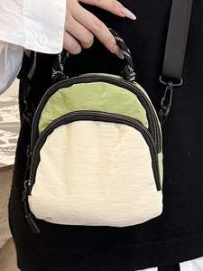 Japanese style shell crossbody bag with dual-zipper and green beige nylon contrast design