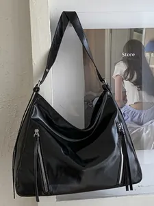 Women Shiny PU Leather Large Capacity Tote Bag Fashion Shoulder Crossbody Hobo Bag With Long Zipper Pullers Commuter Handbag