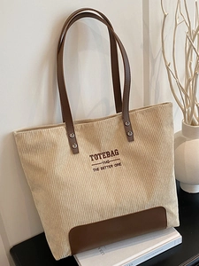 Borsa Tote in Velluto a Coste Donna Grande Capacità Retro Casual Contrasto Tracolla Con Ricamo Lettere Minimalista Scuola Pendolare