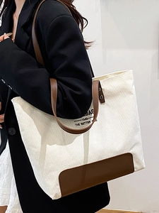 Borsa tote minimalista in velluto a coste beige con grande capacità e cinturini marroni