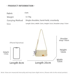 Detailed size comparison of a lightweight beige canvas crossbody bag next to a smartphone