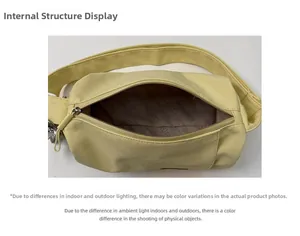 Internal view showing zipper closure and spacious liner of yellow nylon shoulder bag