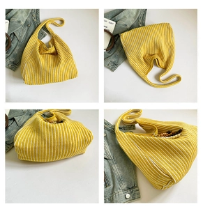 Multiple views of a yellow and white striped knit shoulder bag with wooden beads