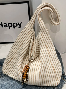 Women Fashion Knit Striped Shoulder Bag Large Capacity Hobo Tote Bag With Beaded Charm Trendy Underarm Bag Casual Daily