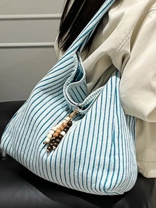 Large capacity blue and white vertical stripe shoulder hobo bag with wooden bead charm