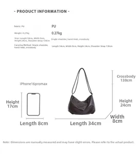 Detailed size chart for large PU leather crossbody bag with smartphone comparison