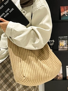 Large khaki striped knit shoulder tote bag for women stylish casual bucket style