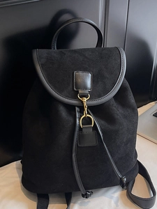 Classic black suede backpack for women with vintage metal buckle and drawstring closure