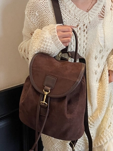 Brown faux suede backpack with flap closure and gold buckle for women fashion