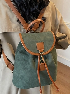 Vintage dark green frosted backpack with brown leather trim and golden buckle for women