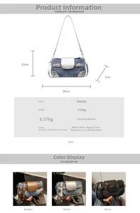 Denim shoulder bag size chart with dimensions 24x13x7cm and detailed specifications