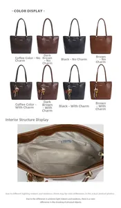 Detail view of large capacity PU leather tote bag features internal pocket and zipper layout