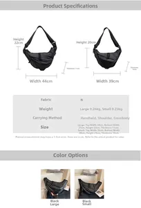 Size guide for large and small nylon crescent crossbody bags with specific dimensions