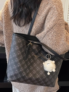 Classic dark grey plaid tote bag with gold lettering and white sheep charm for women