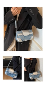 Detail of Y2K denim and silver mirror crossbody bag with ZHONMA embossed logo