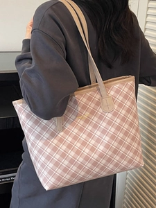 Pink and white checkered tote bag with large capacity for women's daily commute