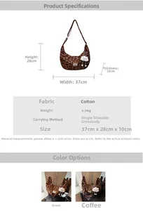 Detail view of leopard print tote bag with removable cloud charm and size specifications