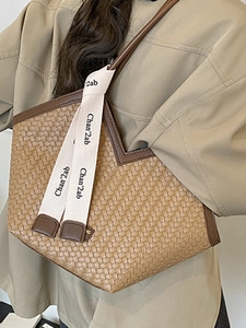 Classic large brown woven tote bag with silk scarf for autumn 2025 women fashion