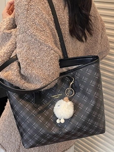 Large capacity grey plaid tote bag with gold lettering and plush charm for women