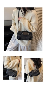 Detailed view of dark grey tweed shoulder bag with woven texture and logo branding