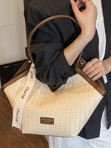 Vintage large capacity straw tote bag with brown leather trim and stylish logo webbing
